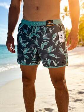 FLOMOTION Leaf Print Swim Volley Shorts 16" Above The Knee XXL